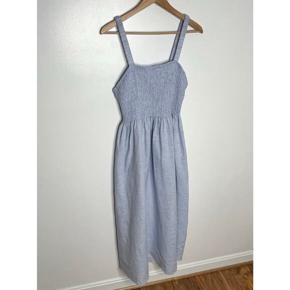 J. Crew Womens Smocked Midi Dress Large Baby Blue Linen Cotton Blend Summer - Picture 3 of 12